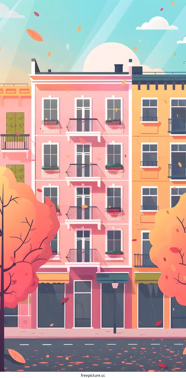 Autumn Street Scene With Colorful Buildings