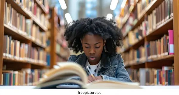 Young African American woman studying in a library