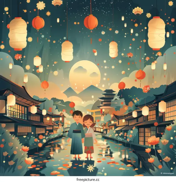 A couple walking in a street with lanterns and flowers