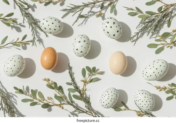 Easter Eggs Decorated with Patterns and Greenery