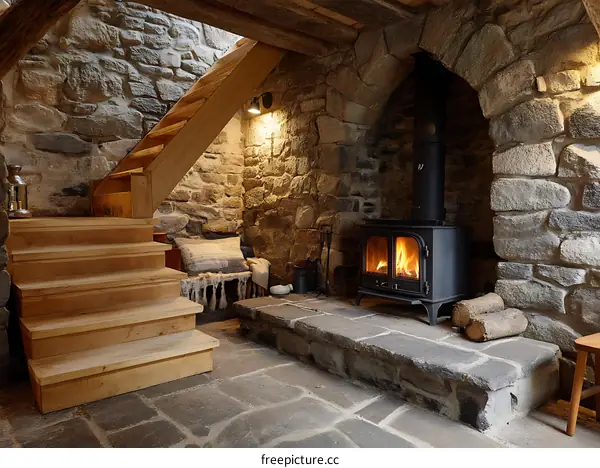 Rustic Stone Fireplace and Wooden Staircase in a Charming Cottage