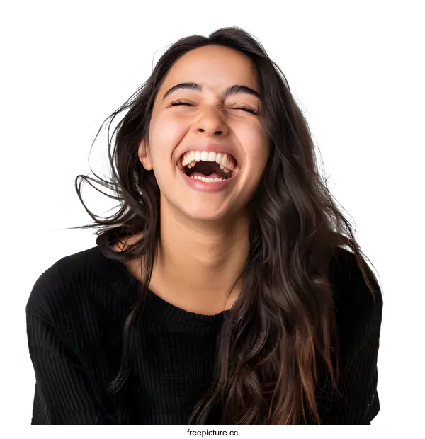 [Transparent Background PNG]Portrait of a Young Woman with Long Brown Hair Laughing