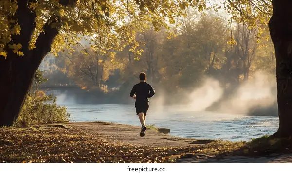 Man Running on Path by River in Autumn