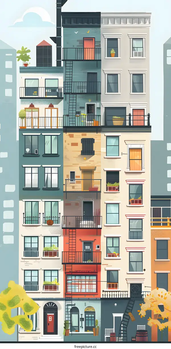 Colorful Illustration of City Buildings with Fire Escapes