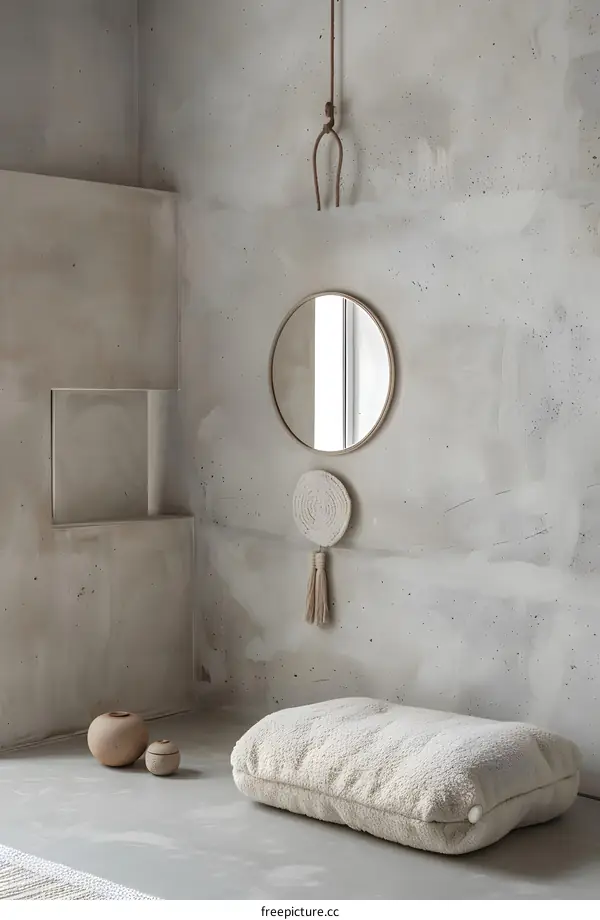 Minimalist Concrete Wall Decor with a Round Mirror and  Macrame Hanging