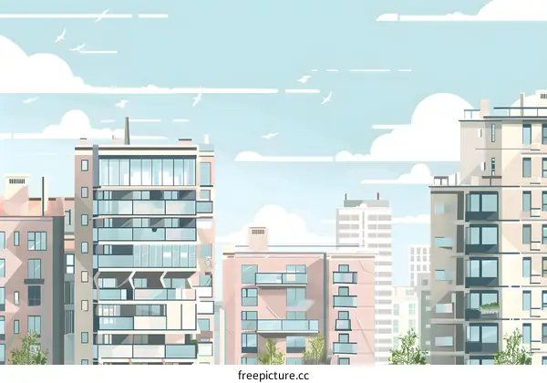 Modern Cityscape Illustration With White Clouds and Birds