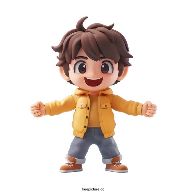 [Transparent Background PNG]A 3D rendering of a young boy in a yellow jacket and blue jeans, with his arms outstretched.