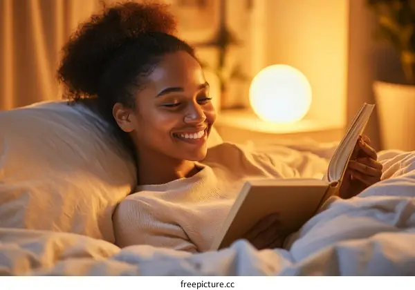 Happy Woman Reading Book in Bed at Night
