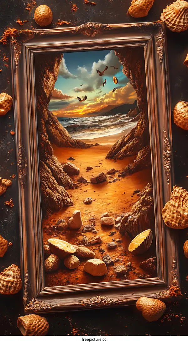 Framed Painting Of A Coastal Landscape With Flying Birds And A Sunset