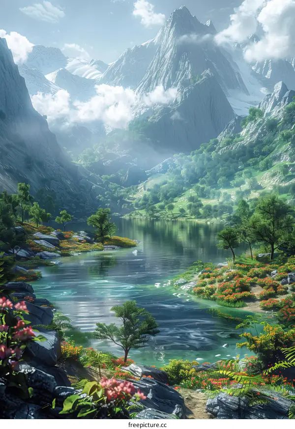 Fantasy Landscape with Mountains, Lake, and Flowers