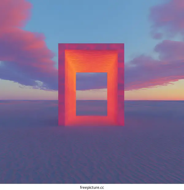 Abstract Minimalist Orange Glowing Portal in Desert Landscape