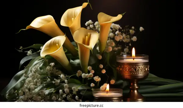 Elegant Still Life of White Calla Lilies and Baby's Breath Flowers with Candles on Black Background