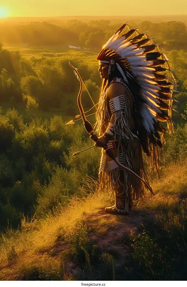 Native American Man with Bow and Arrow on Hilltop