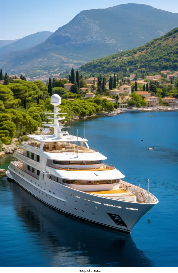 A large white luxury yacht is anchored in a bay with a beautiful coastal town in the background