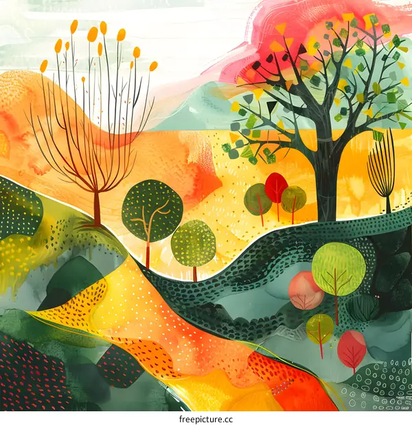 Watercolor Landscape Illustration With Trees And Mountains