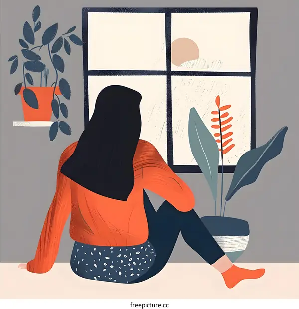 Woman Sitting by Window Looking Out