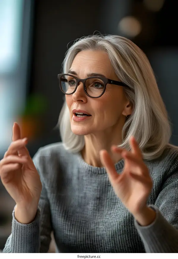 Woman in Grey Sweater Talking to Camera