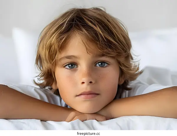 Portrait of a boy with freckles and green eyes