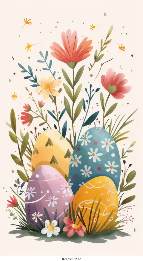 Colorful Easter Eggs with Spring Flowers