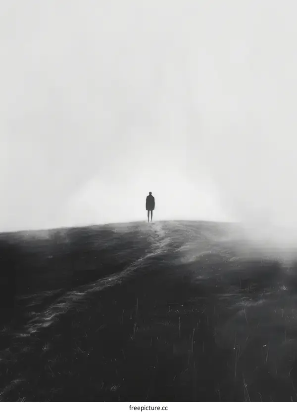 Solitude in the Fog: Man Walking in a Desolate Field