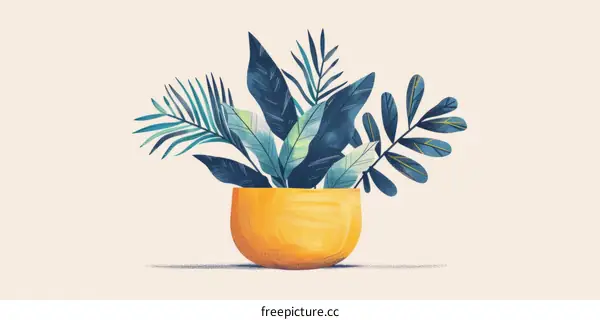 Elegant Yellow Vase with Blue and Green Leafy Stems