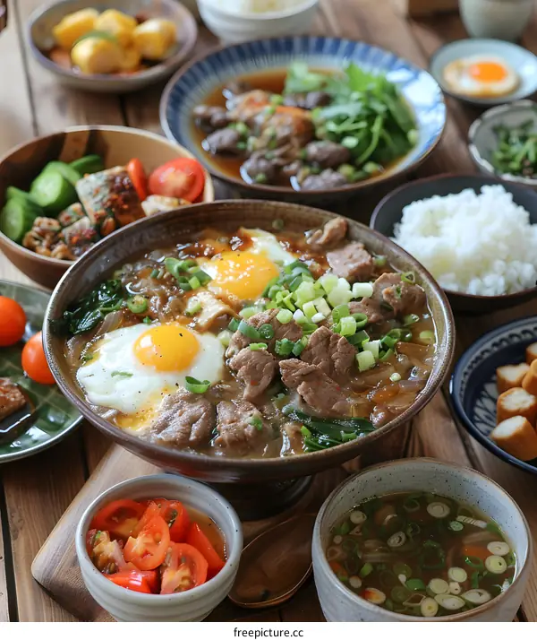 A delicious bowl of beef noodle soup with various side dishes
