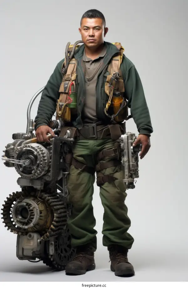 A post-apocalyptic man with a steampunk backpack