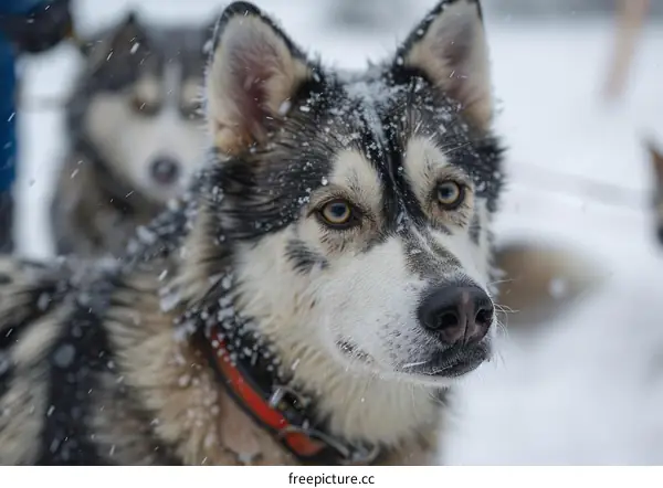 A close up of a Siberian Husky in the snow