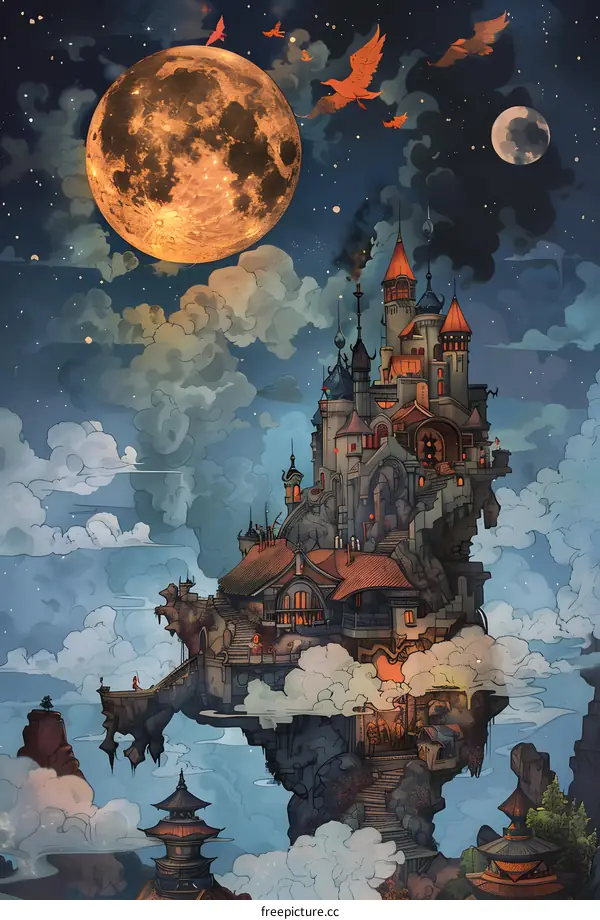 Fantasy Castle Illustration with a Full Moon and Flying Birds