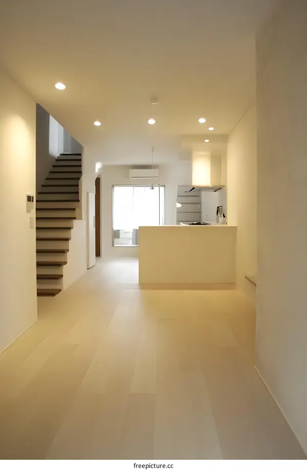 Modern Minimalist White Interior Design of Home With Wooden Stairs