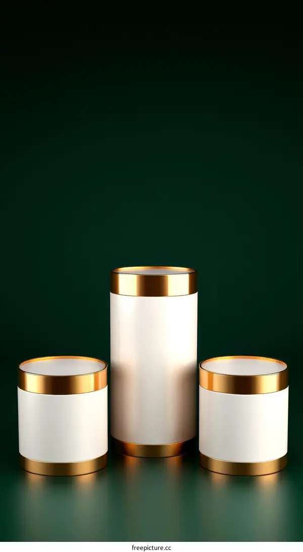 Three Empty Cylindrical Display Stands in Dark Green Background