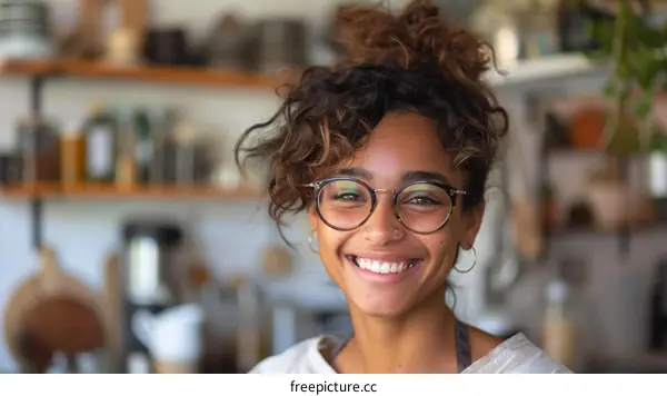 Portrait of a young woman smiling in a kitchen