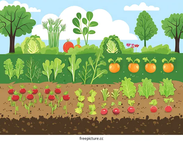 Garden Illustration with Various Crops and Vegetables