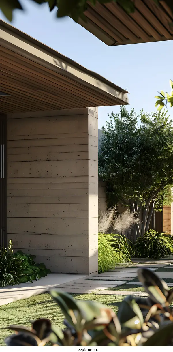 Modern Architecture With Concrete Wall And Lush Greenery