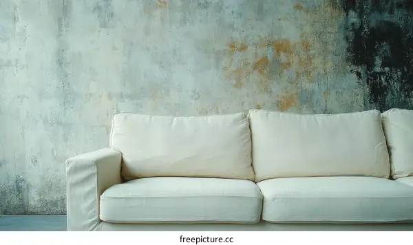Modern Minimalist White Sofa Against a Distressed Concrete Wall