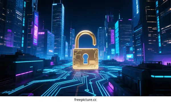 Digital City Locked with Security Padlock in Night View