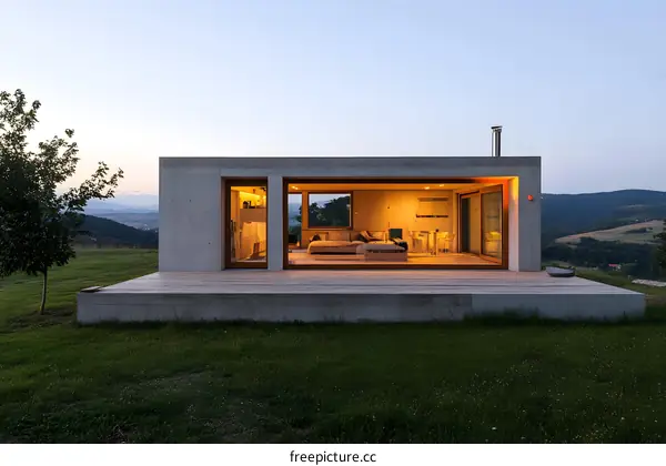 Modern Concrete House With Large Windows Overlooking Rolling Hills