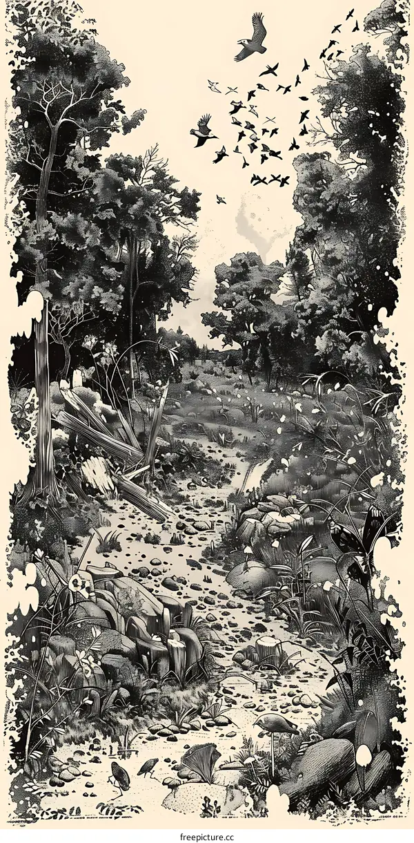 Black and White Illustration of a Forest Path with Birds Flying