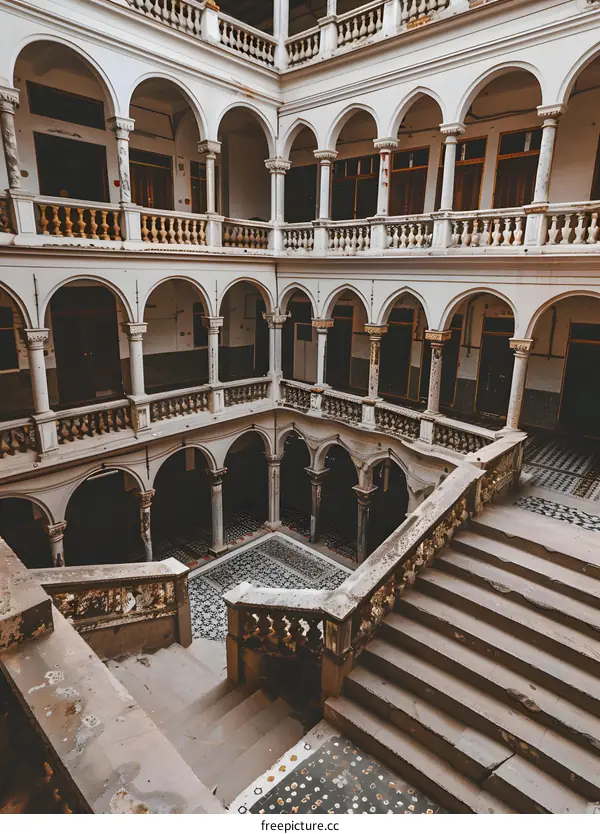 Abandoned Courtyard with Arched Columns and Staircase