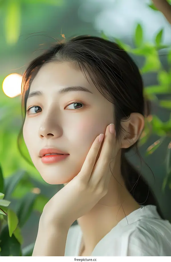 Beautiful Asian Woman Portrait With Green Background