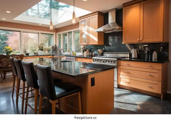 Kitchen island with seating and stainless steel appliances