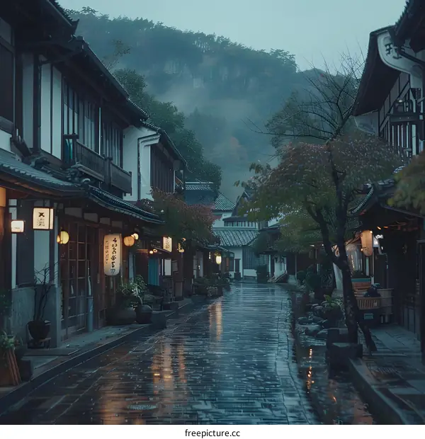An empty street in a Japanese town with traditional houses and shops