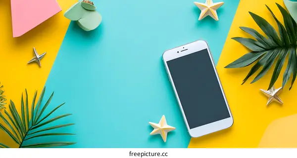 Summer Phone Mockup With Tropical Palm Leaves And Starfish