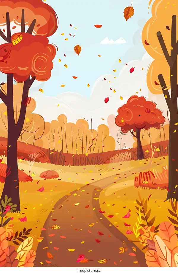 Autumn Forest Pathway Illustration with Falling Leaves