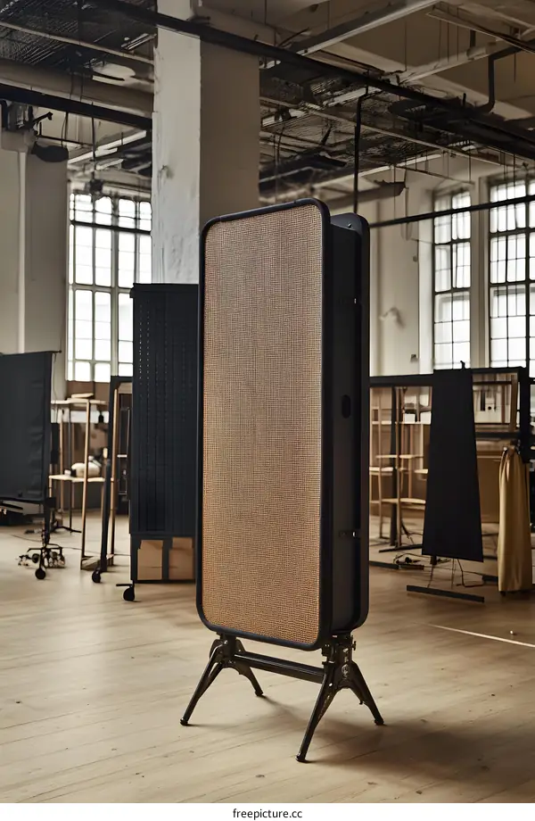 Black Metal and Woven Cane Room Divider in Industrial Interior