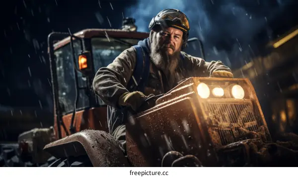Bearded man driving a tractor in the rain