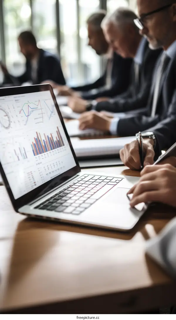 Business meeting with people looking at graphs and charts on laptop