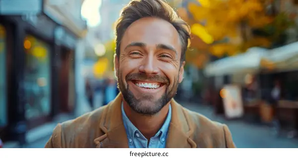 Smiling Man in City Street