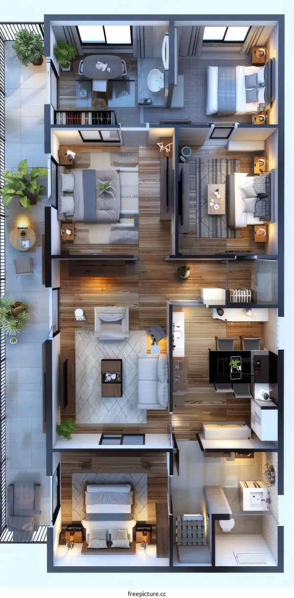 Floor plan of a modern three-bedroom apartment with furniture