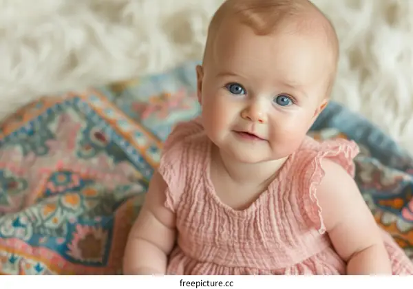 Portrait of a happy baby girl in a pink dress